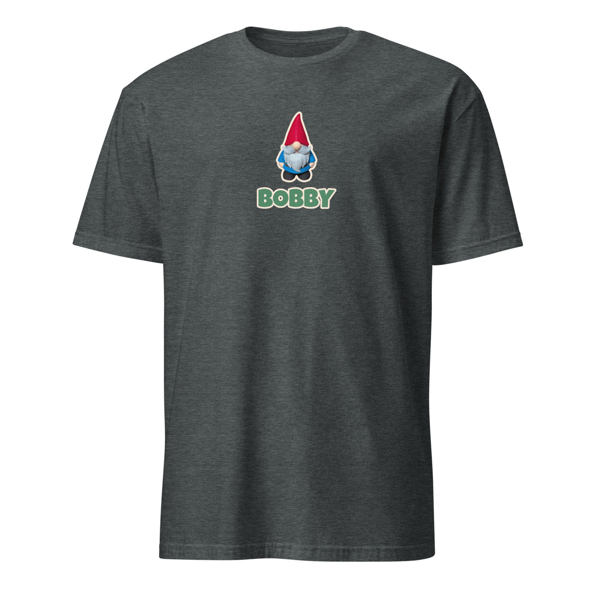 Gnome Photo T-Shirt in Dark Heather with Bobby the gnome