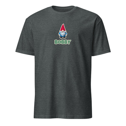 Gnome Photo T-Shirt in Dark Heather with Bobby the gnome