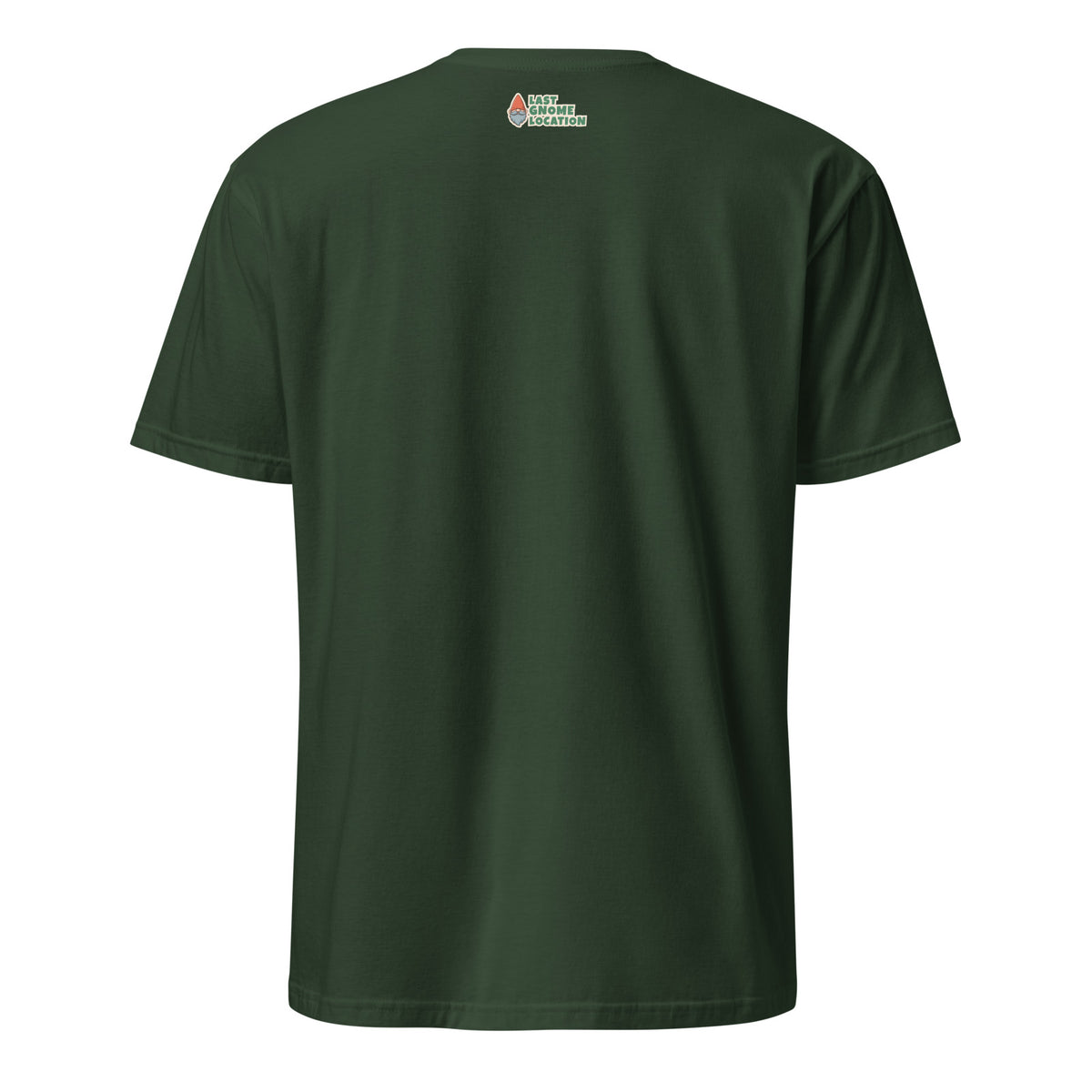 Back of the Gnome Photo T-Shirt with the Last Gnome Location logo under the collar