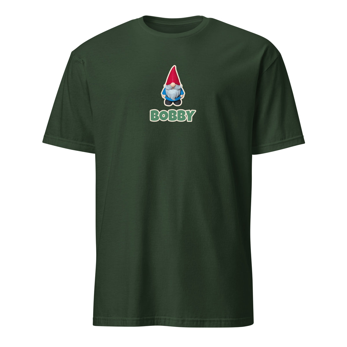 Gnome Photo T-Shirt in Forest Green with Bobby the gnome and his name on the front
